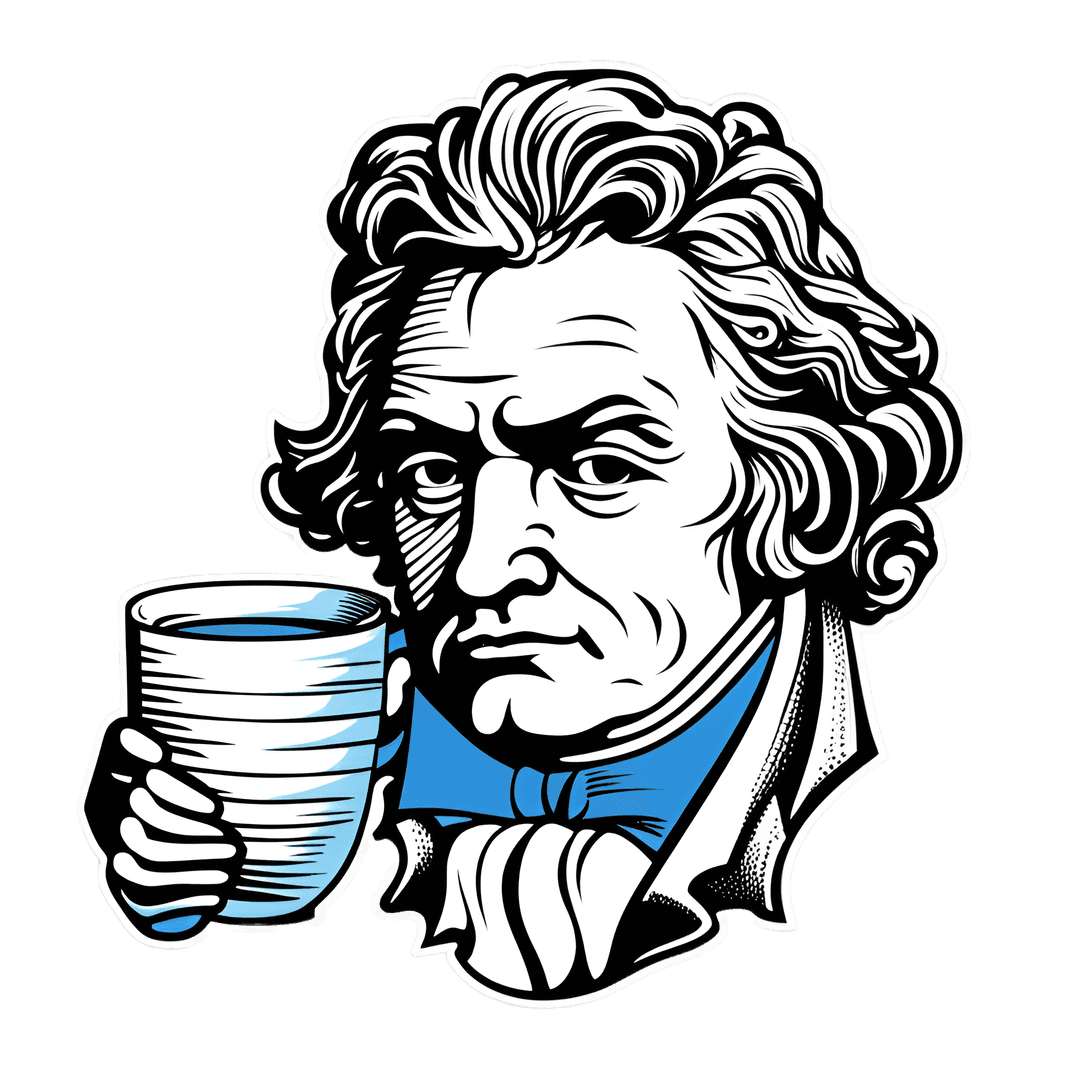 Coffee Meets Beethoven main image: Beethoven holding a mug of coffee